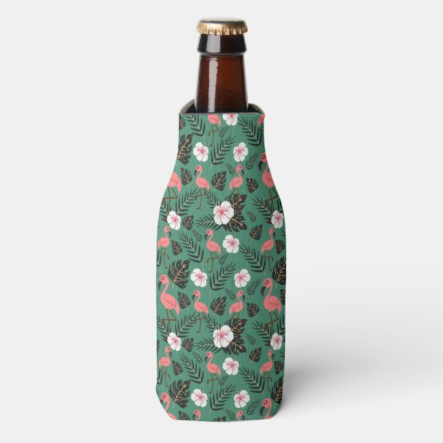 Flamingo seamless pattern pink on green background bottle cooler (Bottle Front)