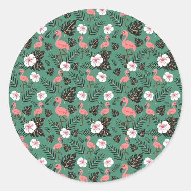 Flamingo seamless pattern pink on green background classic round sticker (Front)