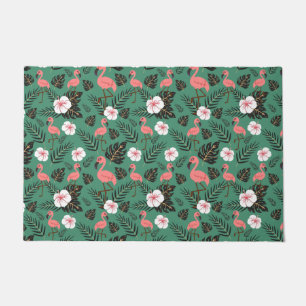 Flamingo seamless pattern pink on green background doormat