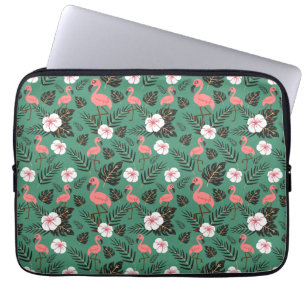 Flamingo seamless pattern pink on green background laptop sleeve
