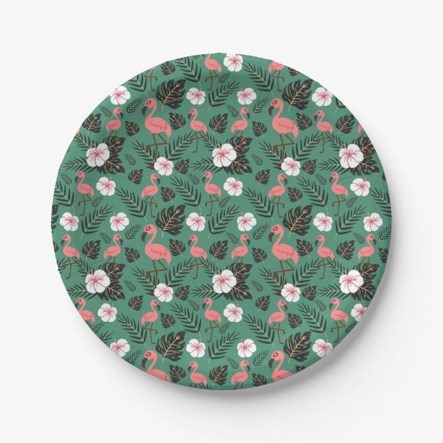 Flamingo seamless pattern pink on green background paper plate (Front)