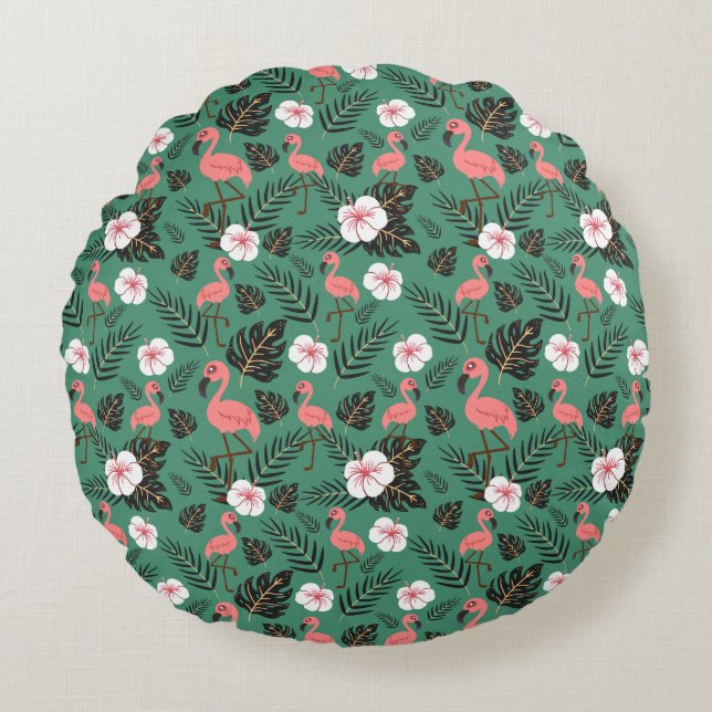 Flamingo seamless pattern pink on green background round cushion (Front)