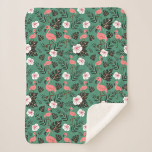 Flamingo seamless pattern pink on green background sherpa blanket