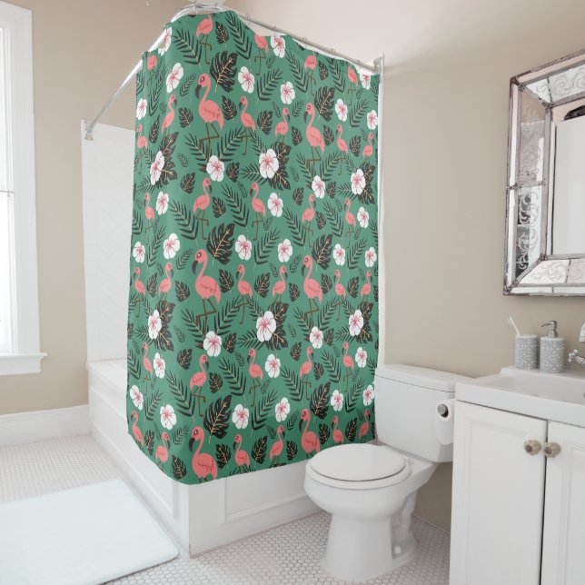 Flamingo seamless pattern pink on green background shower curtain (In Situ)
