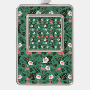 Flamingo seamless pattern pink on green background silver plated framed ornament