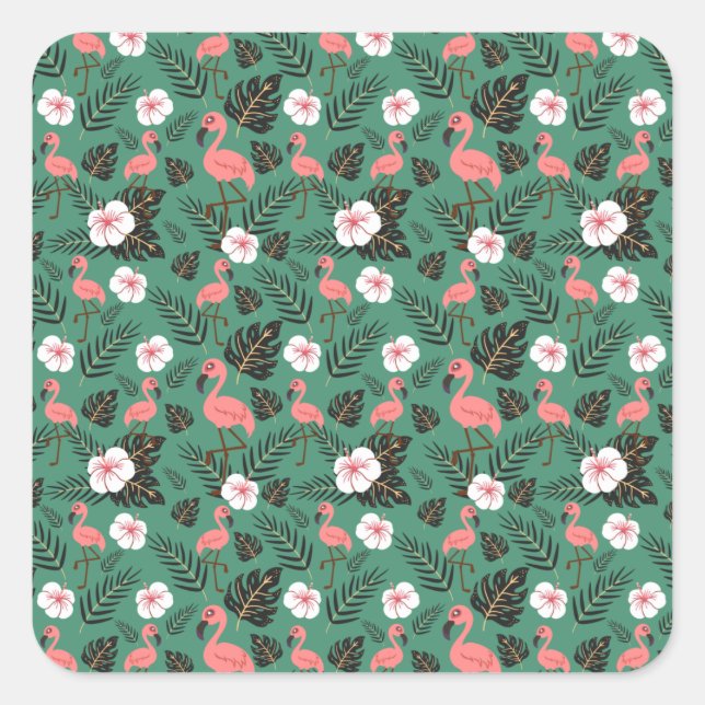Flamingo seamless pattern pink on green background square sticker (Front)