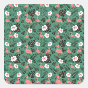 Flamingo seamless pattern pink on green background square sticker