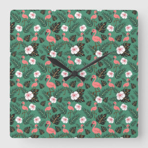 Flamingo seamless pattern pink on green background square wall clock
