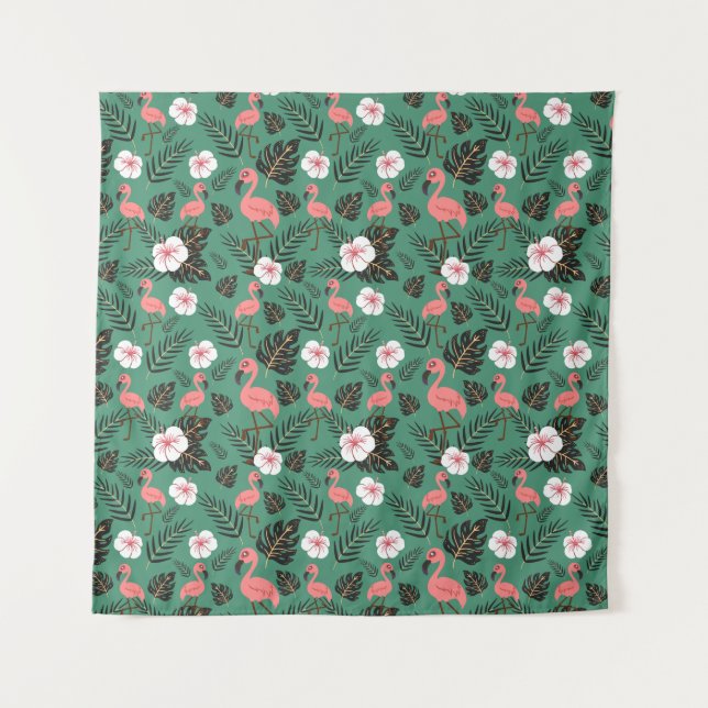 Flamingo seamless pattern pink on green background tapestry (Front)