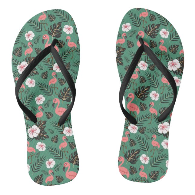 Flamingo seamless pattern pink on green background thongs (Footbed)
