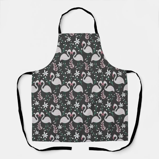 Flamingo seamless pattern white on dark background apron (Front)