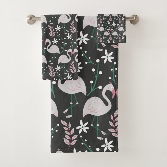 Flamingo seamless pattern white on dark background bath towel set (Insitu)