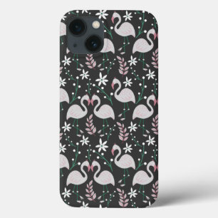 Flamingo seamless pattern white on dark background iPhone 13 case
