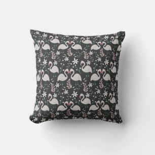 Flamingo seamless pattern white on dark background cushion
