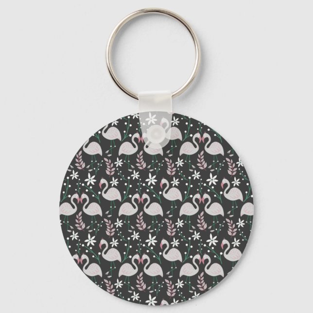 Flamingo seamless pattern white on dark background key ring (Front)