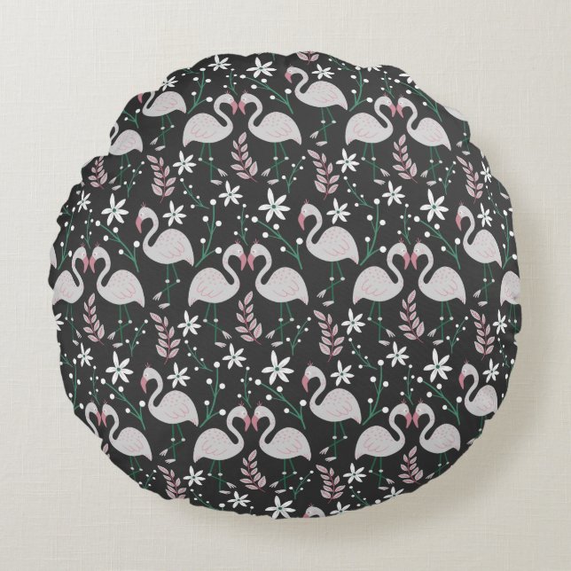 Flamingo seamless pattern white on dark background round cushion (Front)