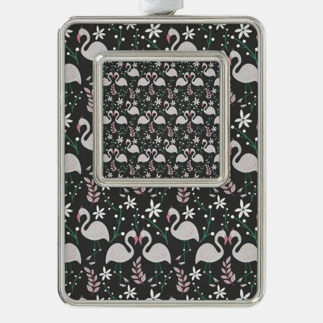 Flamingo seamless pattern white on dark background silver plated framed ornament (Front)