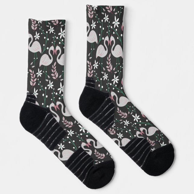 Flamingo seamless pattern white on dark background socks (Right)