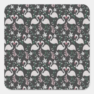 Flamingo seamless pattern white on dark background square sticker