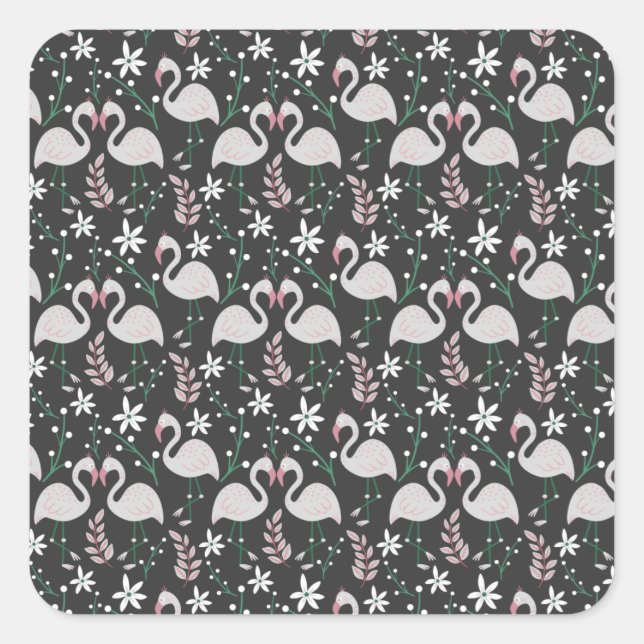 Flamingo seamless pattern white on dark background square sticker (Front)