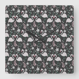 Flamingo seamless pattern white on dark background square wall clock