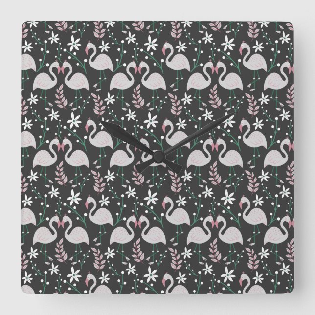 Flamingo seamless pattern white on dark background square wall clock (Front)