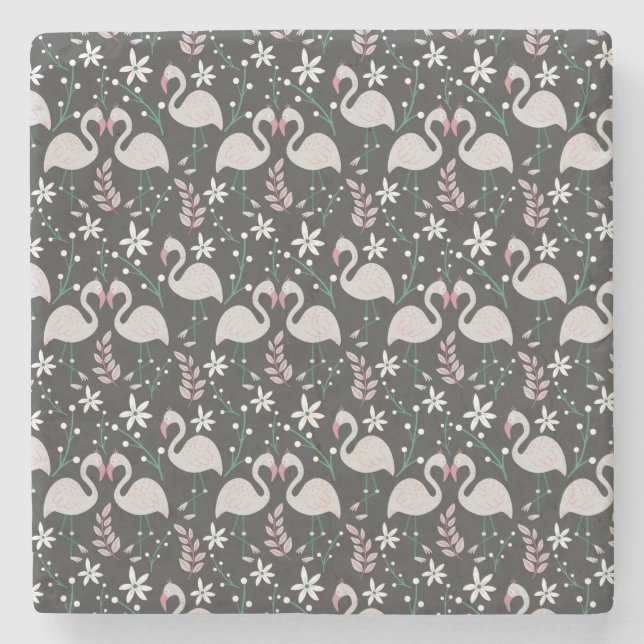 Flamingo seamless pattern white on dark background stone coaster (Front)
