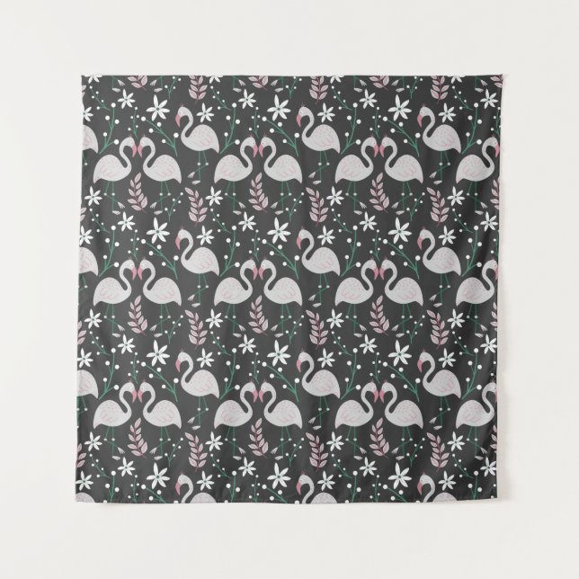Flamingo seamless pattern white on dark background tapestry (Front)
