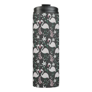 Flamingo seamless pattern white on dark background thermal tumbler