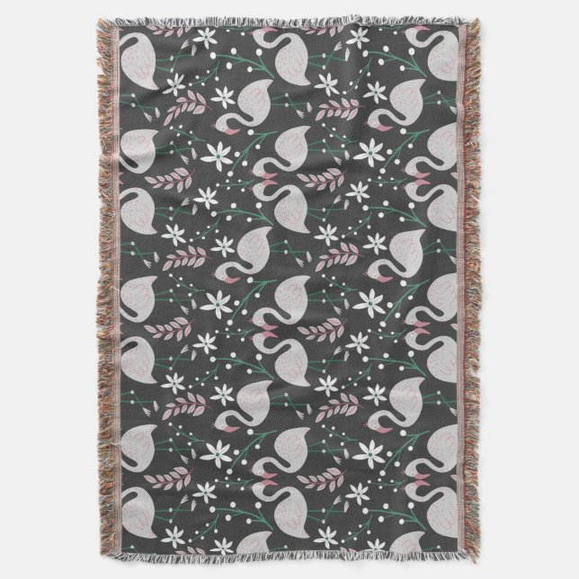 Flamingo seamless pattern white on dark background throw blanket (Front Vertical)