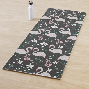 Flamingo seamless pattern white on dark background yoga mat