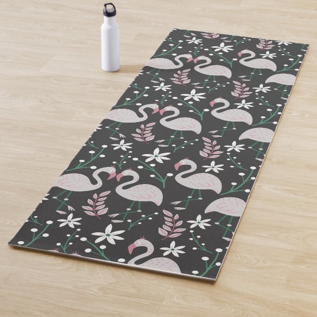Flamingo seamless pattern white on dark background yoga mat (In Situ)