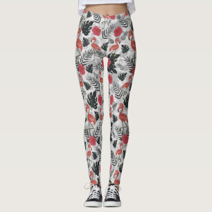 Flamingo seamless pattern with floral background leggings