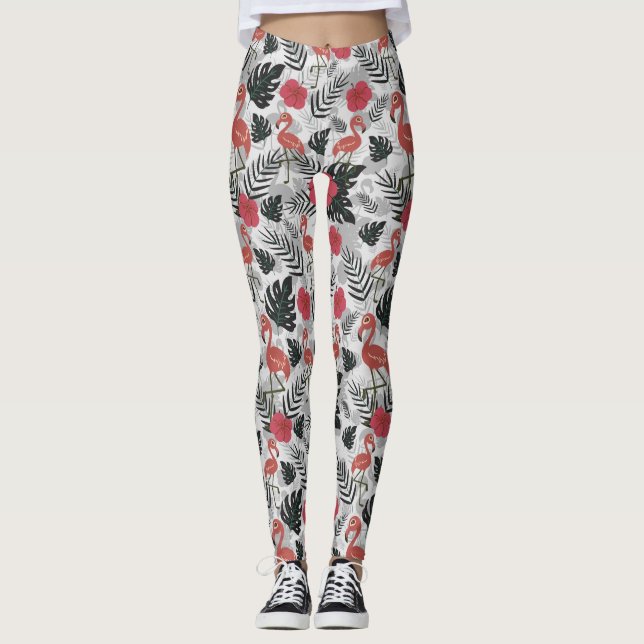 Flamingo seamless pattern with floral background leggings (Front)
