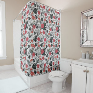 Flamingo seamless pattern with floral background shower curtain