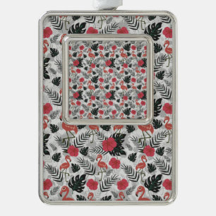 Flamingo seamless pattern with floral background silver plated framed ornament