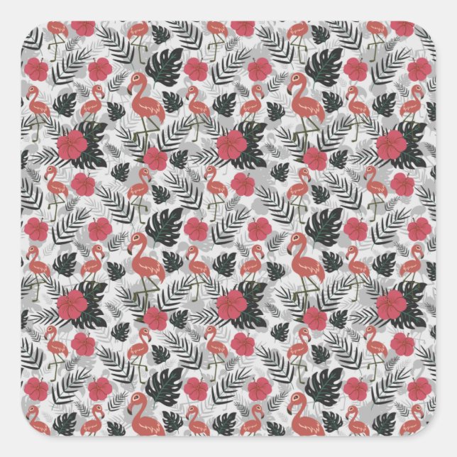 Flamingo seamless pattern with floral background square sticker (Front)