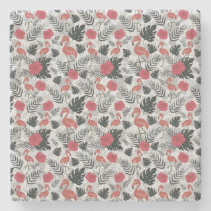 Flamingo seamless pattern with floral background stone coaster
