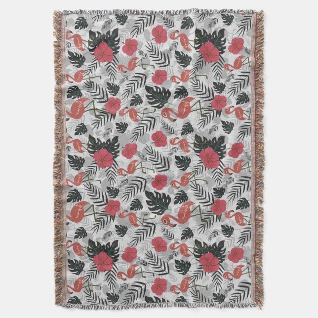 Flamingo seamless pattern with floral background throw blanket (Front Vertical)