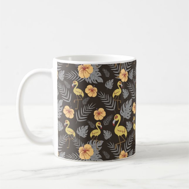 Flamingo seamless pattern with flowers and leaves coffee mug (Left)