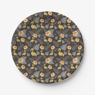 Flamingo seamless pattern with flowers and leaves paper plate
