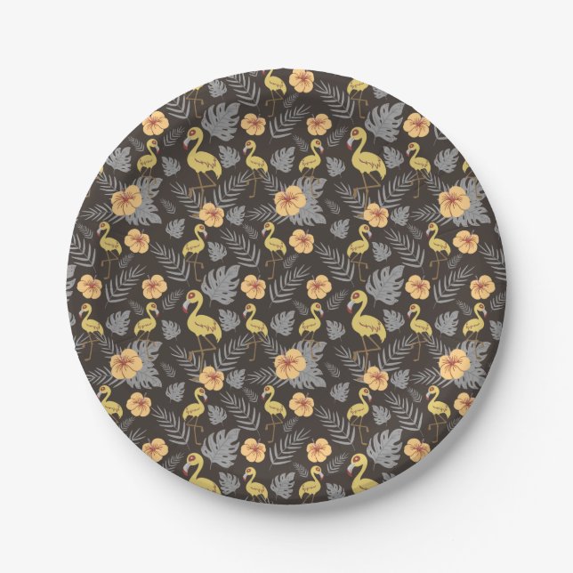 Flamingo seamless pattern with flowers and leaves paper plate (Front)