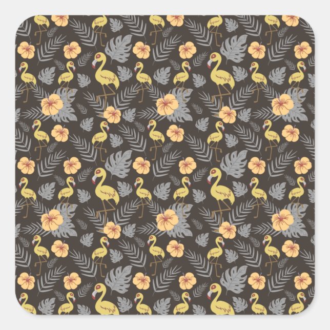 Flamingo seamless pattern with flowers and leaves square sticker (Front)