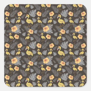 Flamingo seamless pattern with flowers and leaves square sticker
