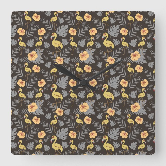 Flamingo seamless pattern with flowers and leaves square wall clock (Front)