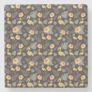 Flamingo seamless pattern with flowers and leaves stone coaster