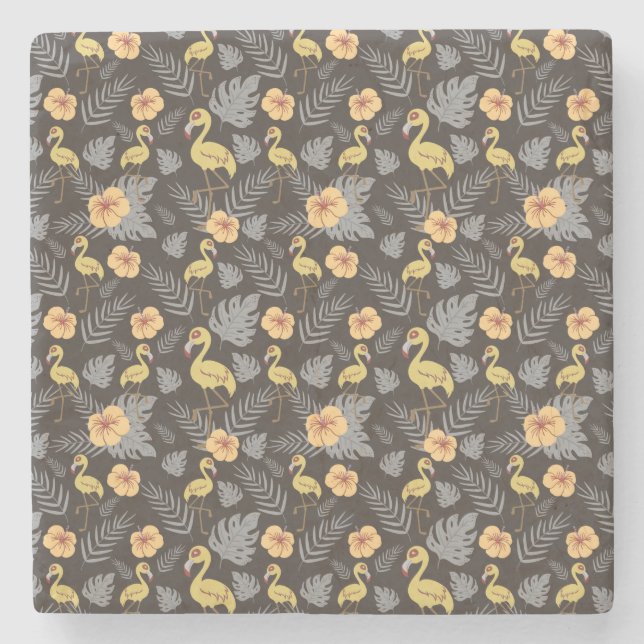 Flamingo seamless pattern with flowers and leaves stone coaster (Front)