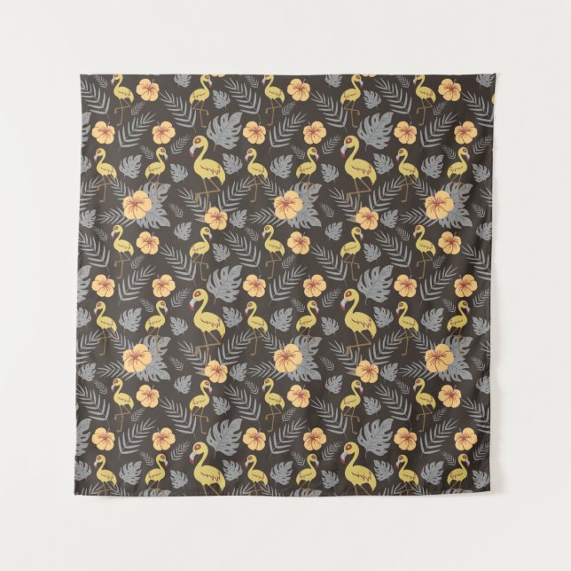 Flamingo seamless pattern with flowers and leaves tapestry (Front)