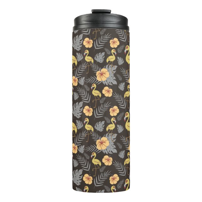 Flamingo seamless pattern with flowers and leaves thermal tumbler (Front)