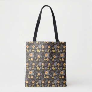 Flamingo seamless pattern with flowers and leaves tote bag